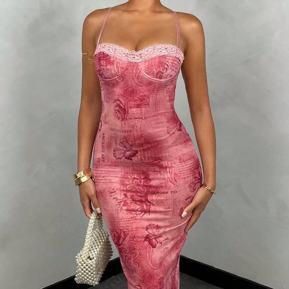 Multicolor Sexy Women's Floral Printed Pattern Lace Slim Fit Long Tank Dress - Picture 5 of 5